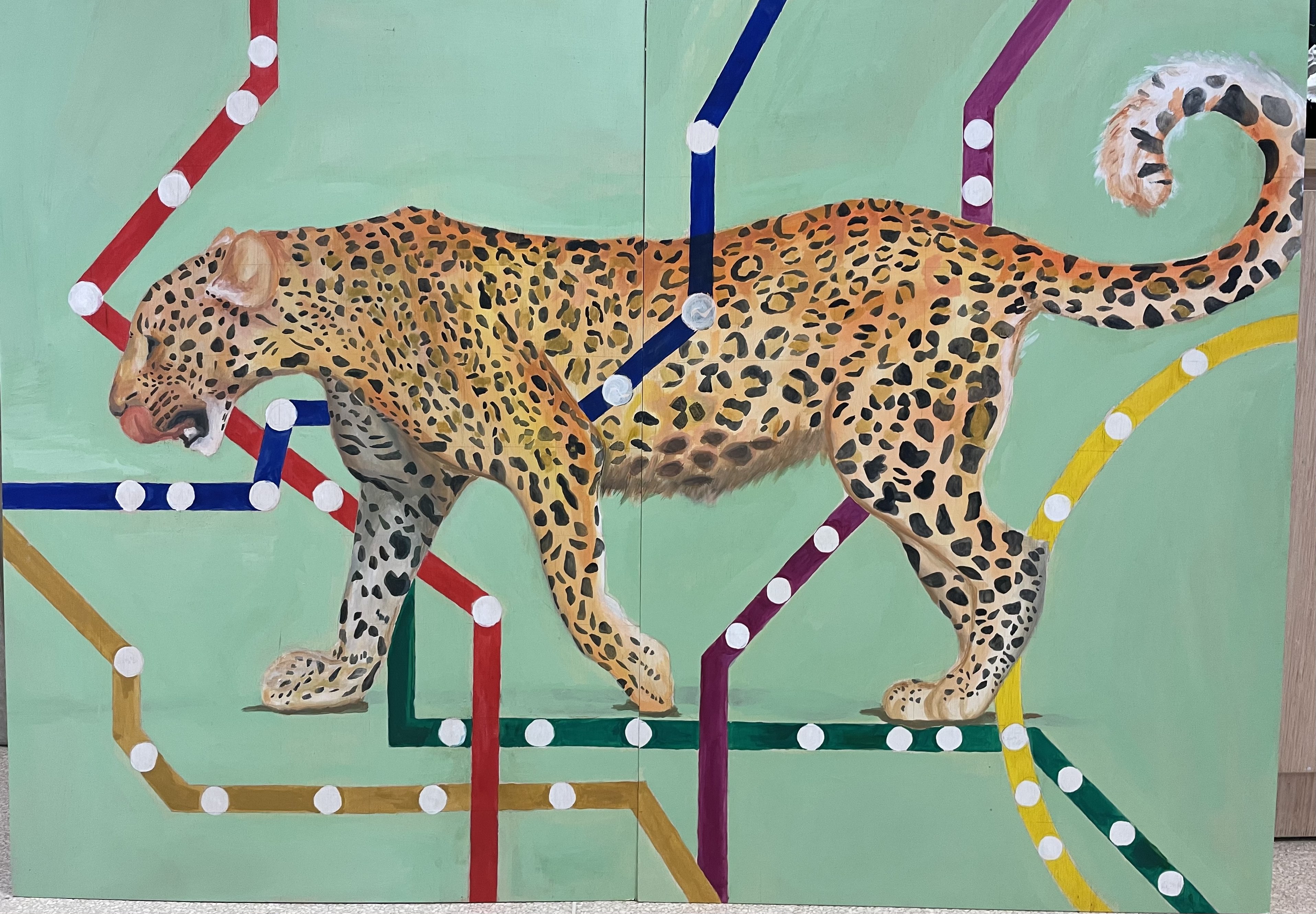 Acrylic painting of a leopard with subway lines