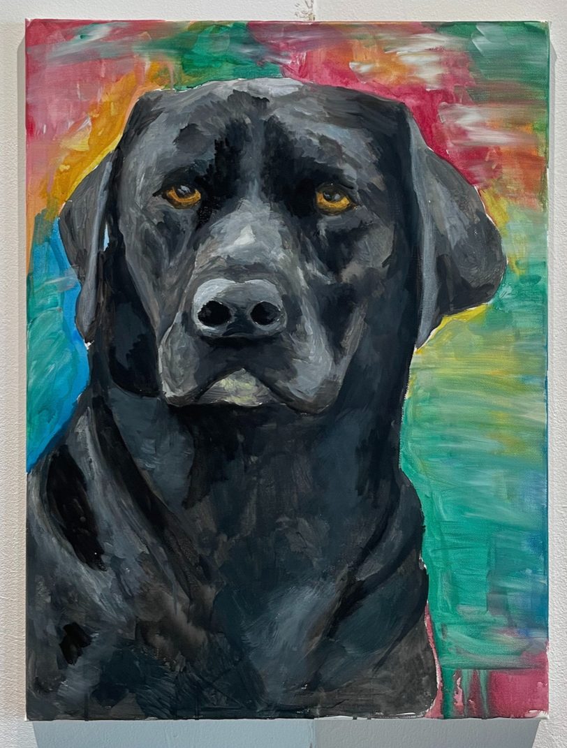 Acrylic painting of a black dog